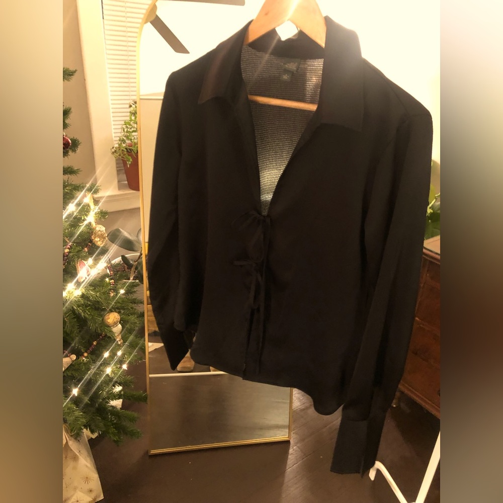 Wild Fable - silky tie front slit bell sleeve black blouse - sz S